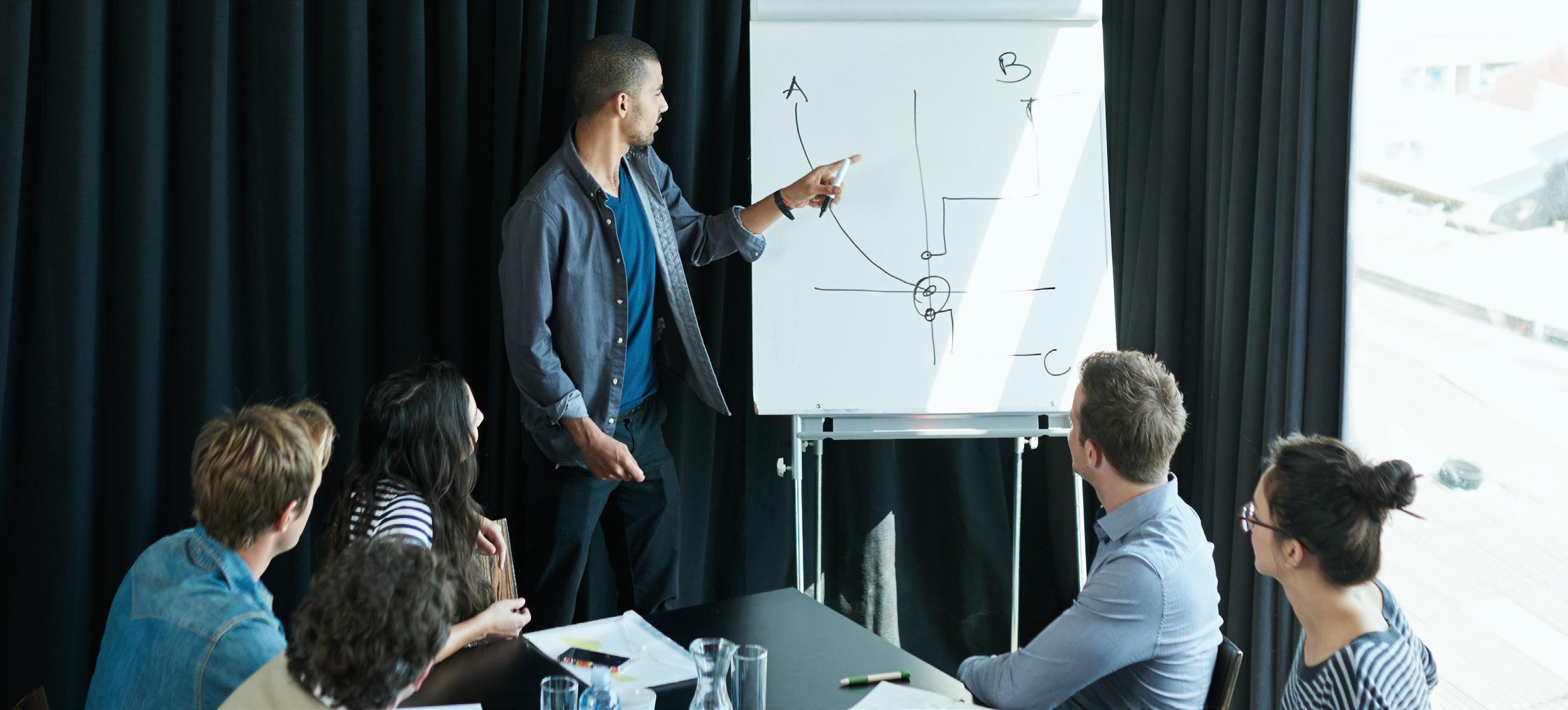 A man stands next to a flip chart with a diagram of The Technology Pillar, pointing at it while four people seated at a table watch and listen attentively in a conference room with black curtains.