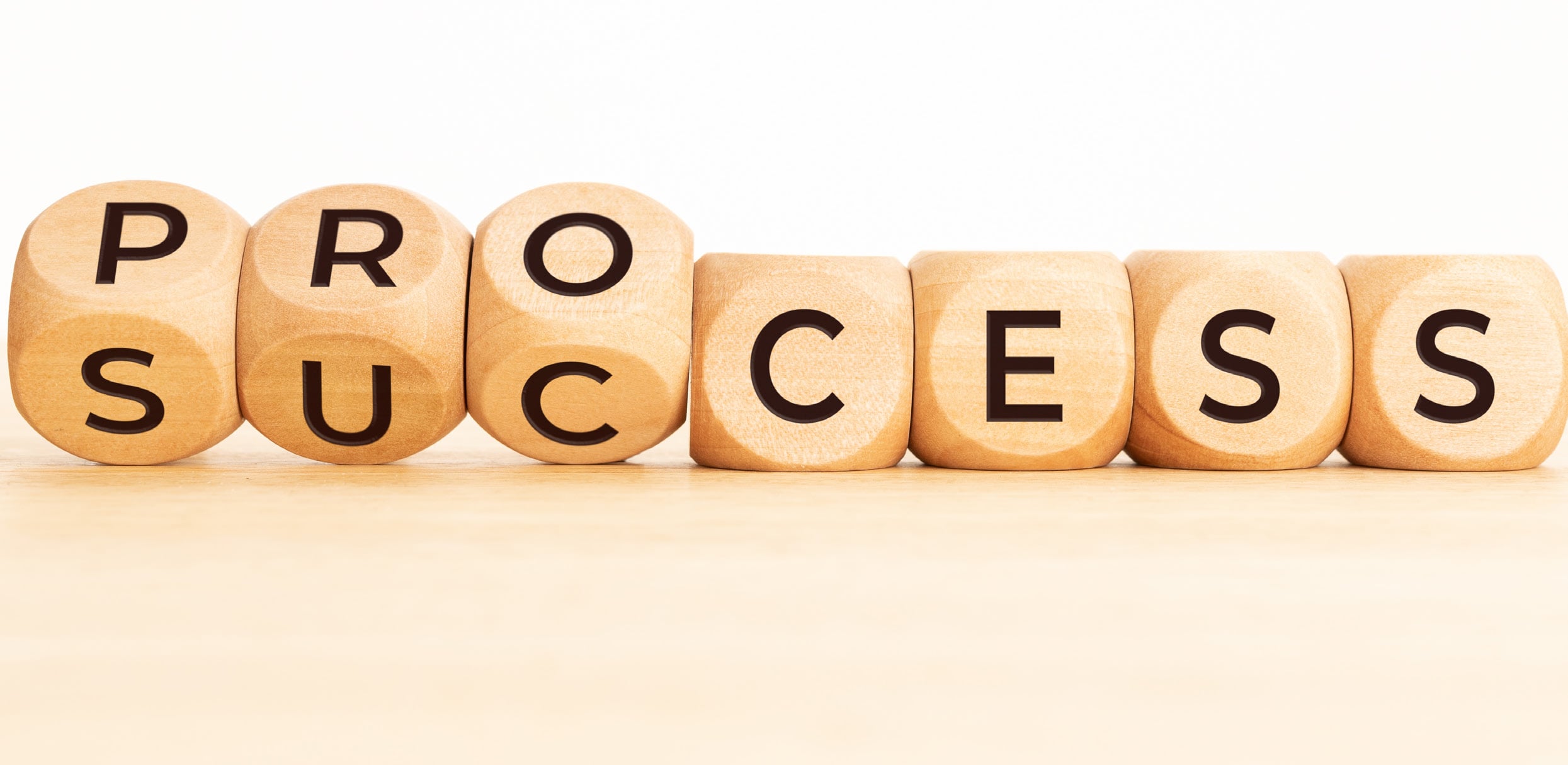Wooden blocks on a table spell out "SUCCESS," with the first three stacked to highlight "PRO," forming "PROSUCCESS." This arrangement subtly underscores the importance of The Process in achieving goals. The background is plain and bright.