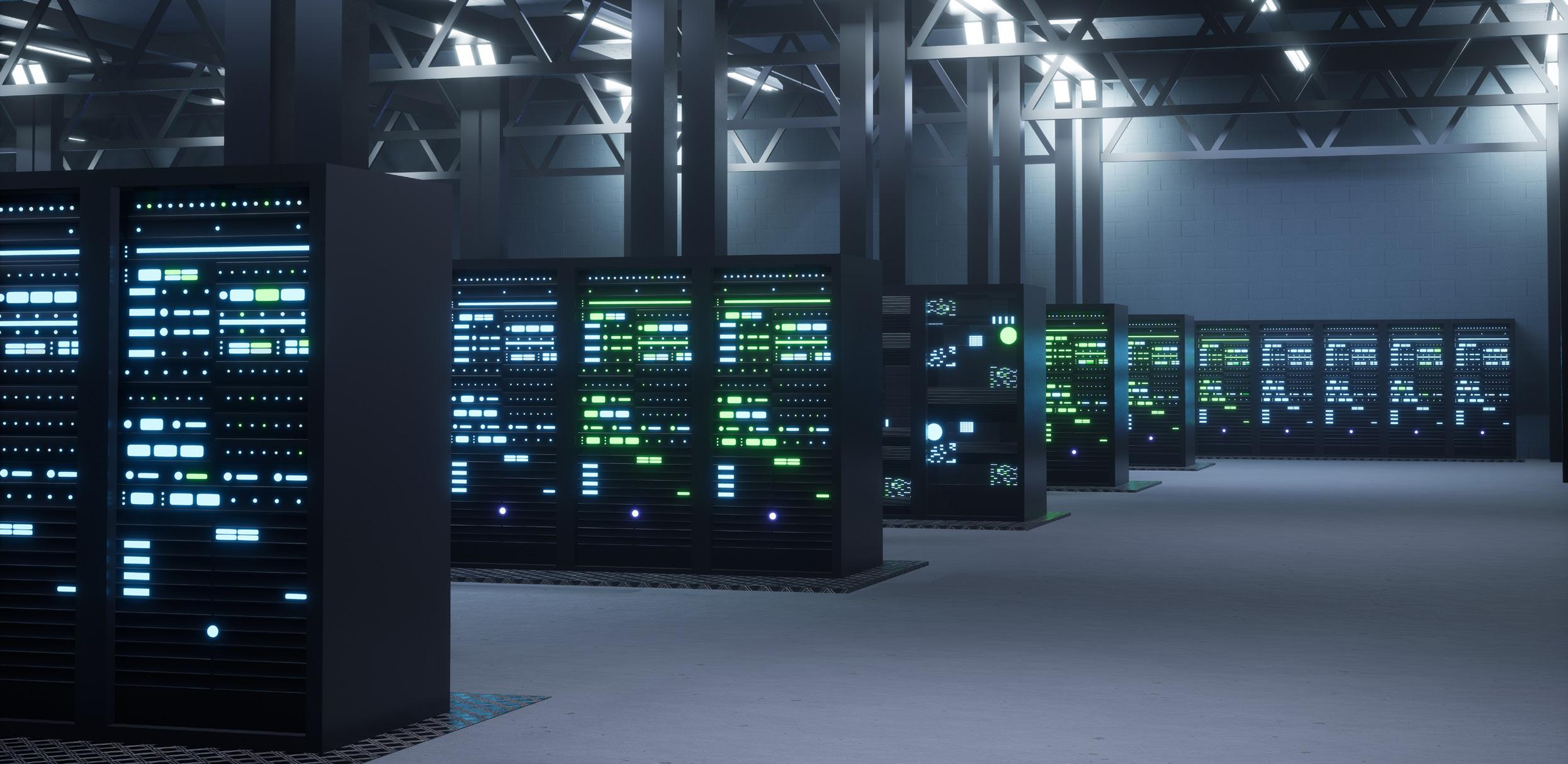 Rows of black server racks with glowing blue and green lights stand in a spacious, industrial-style data center—an embodiment of The Technology Pillar—with high ceilings, exposed beams, and a clean, brightly lit environment.